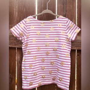 Mini Boden Gold Flower Pink White Striped Top T Shirt Short Sleeve Sz 6-7 Y Girl